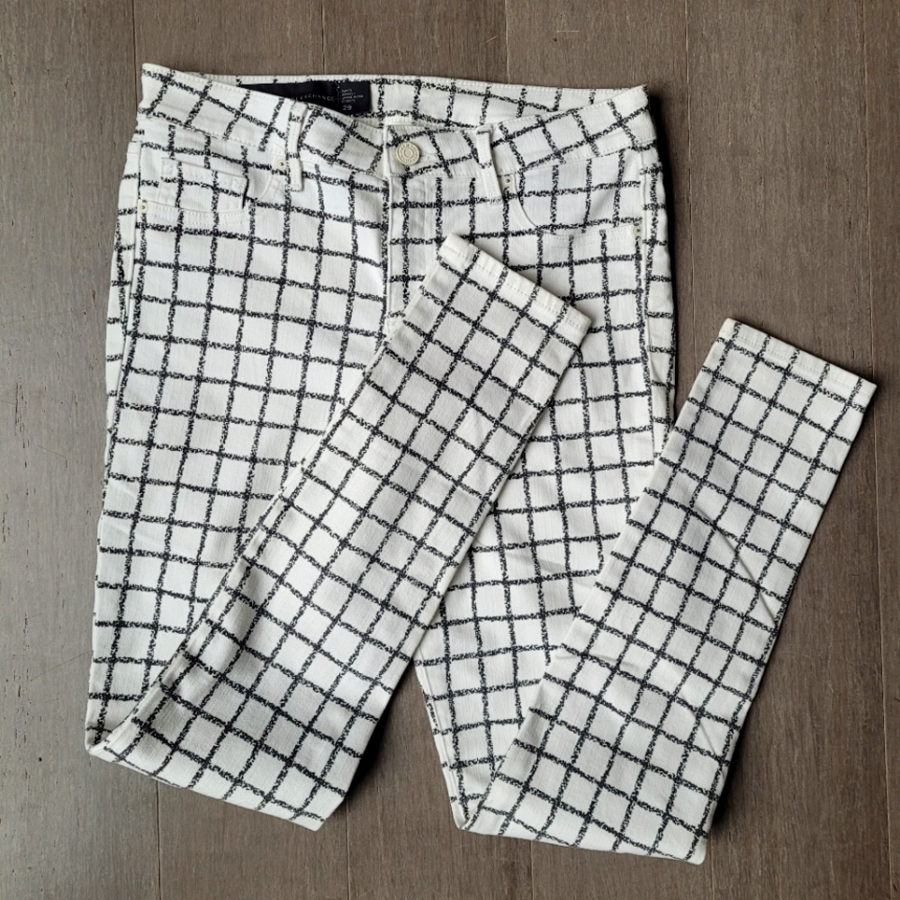 Armani Exchange White And Black Square Pattern Super Skinny Jeans
